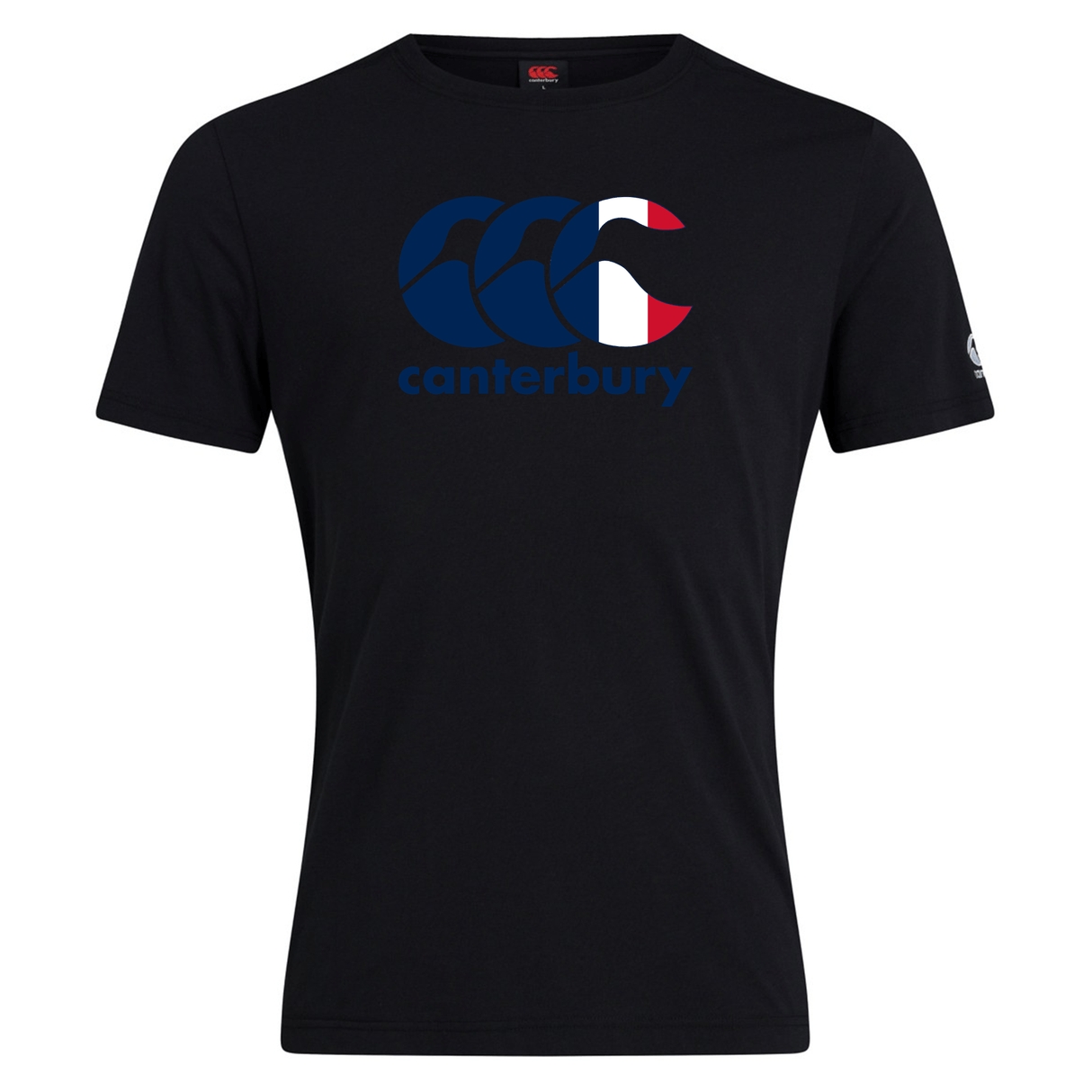 A black Canterbury France CCC Flag Club T-Shirt by WRS Canterbury, featuring the Canterbury Kiwi Logo in blue, red, and white on the front, crafted from a premium cotton-rich blend for comfort and style.