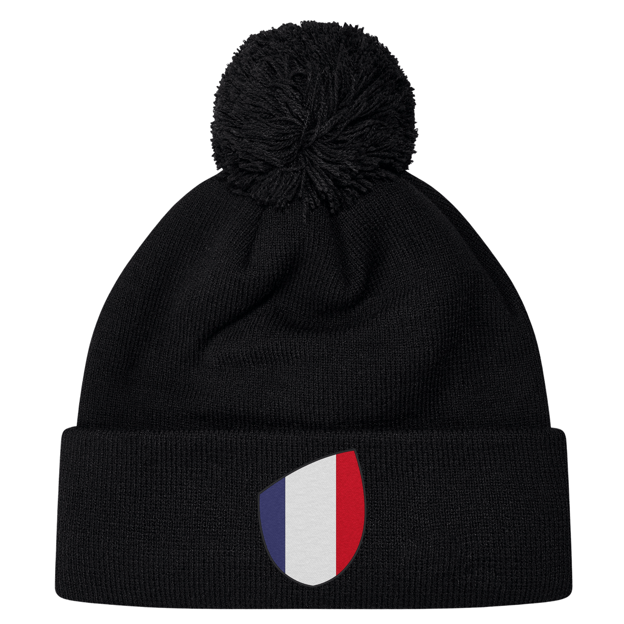 The EMB Canterbury France Shield Pom Pom Beanie is black and includes an embroidered France Shield with vertical blue, white, and red stripes.
