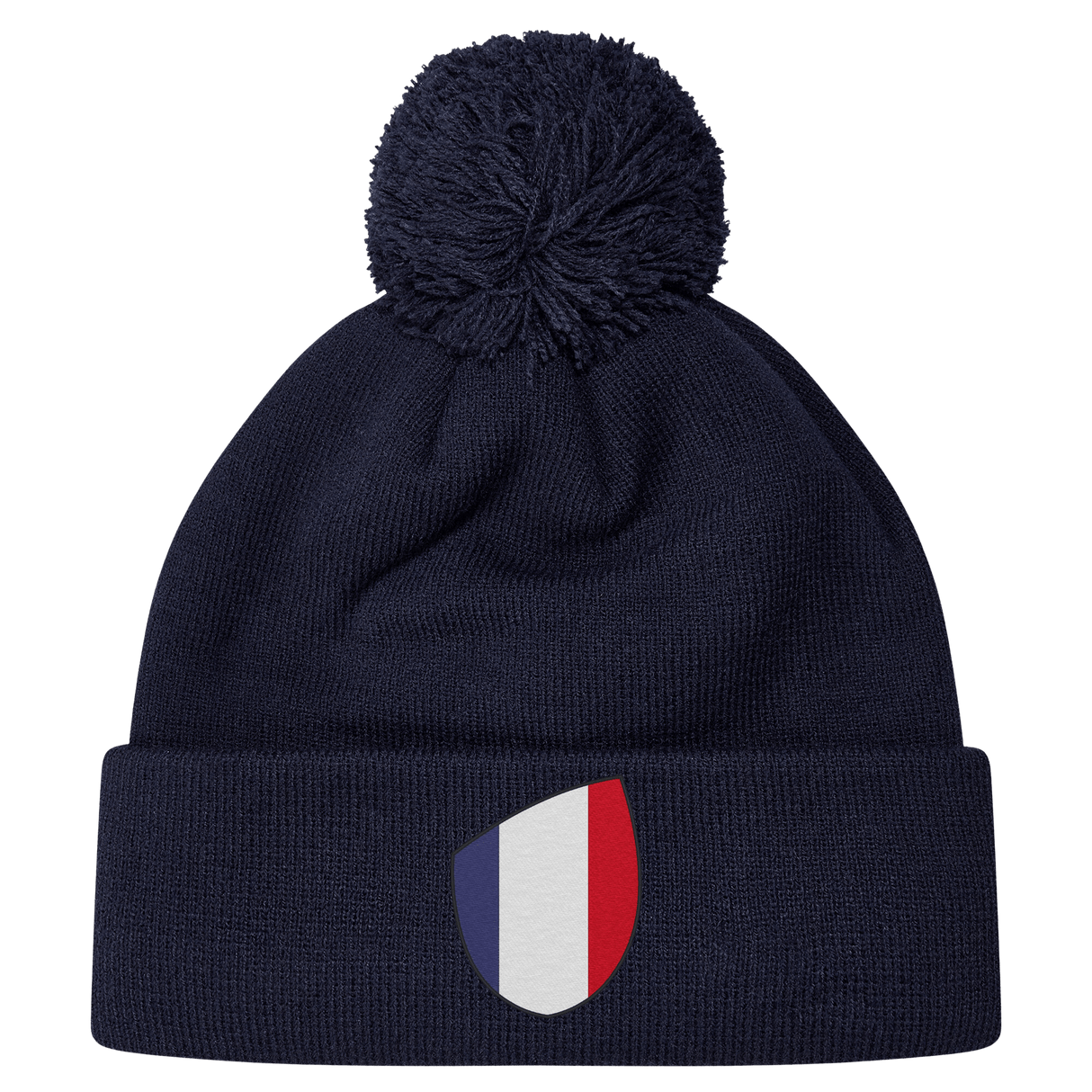 A navy France Shield Pom Pom Beanie by EMB Canterbury, featuring a patch of the France Shield on the front.