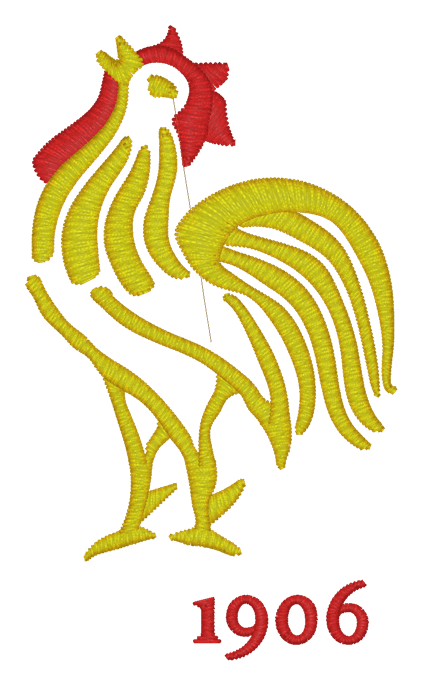 Embroidered rooster emblem with the year 1906 on a Nations of Rugby France Vintage Hooped Classic Jersey from EMB Mudoo.