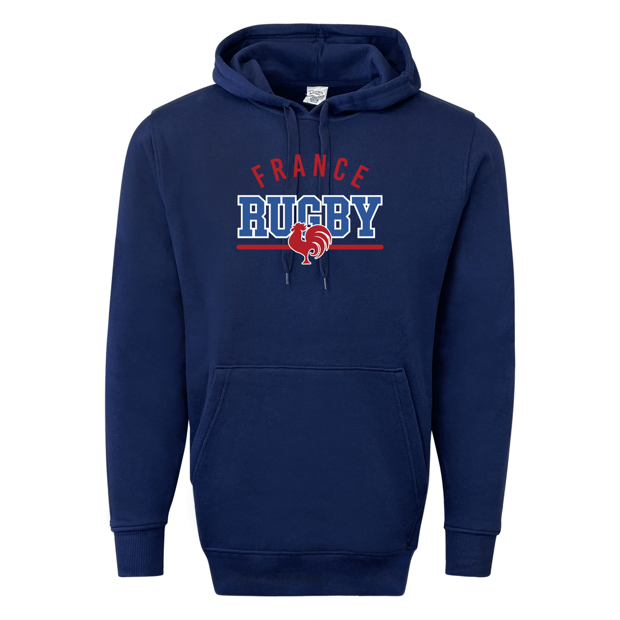 WRS Augusta Nations of Rugby France Wordmark 60/40 Pullover Hoodie in navy blue, featuring "France Rugby" text and a red rooster logo on the front.