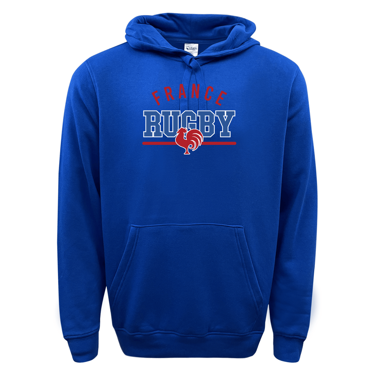 The Nations of Rugby France Wordmark 60/40 Pullover Hoodie by WRS Augusta is a blue hoodie that showcases the text "France Rugby" and a rooster emblem in red and white on the chest.