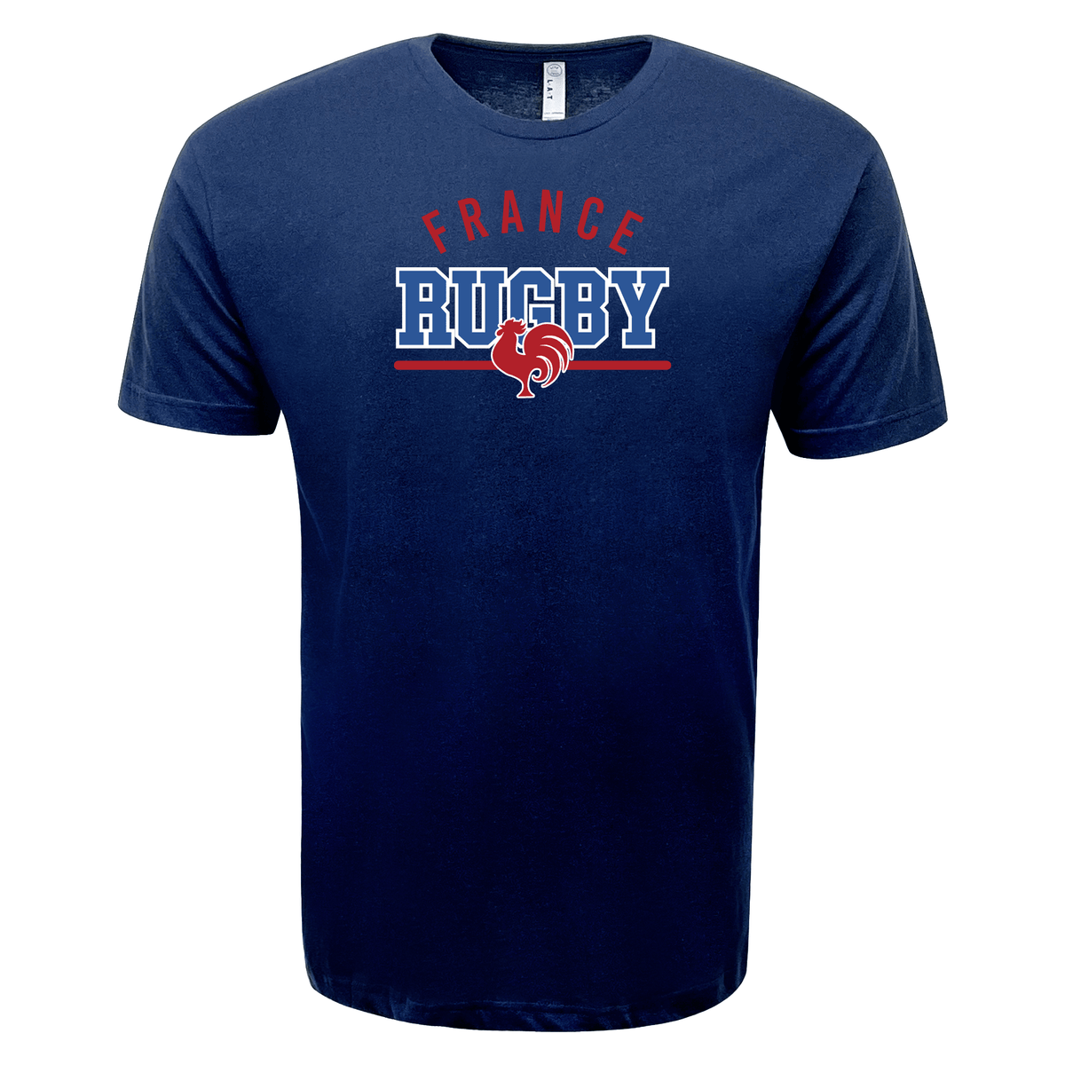 The Nations of Rugby France Wordmark Supersoft Tee by WRS LAT is a navy blue tee featuring the words "France Rugby" and an illustration of a rooster.