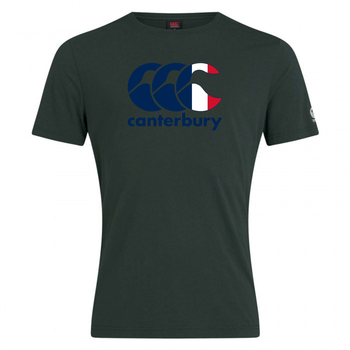 The Canterbury France CCC Flag Club T-Shirt by WRS Canterbury is a premium cotton-rich blend, dark green t-shirt featuring the iconic Kiwi Logo with stylized waves and a partial red and white circle.