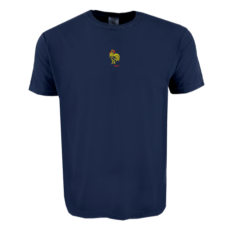 The EMB S&S Activewear France Vintage Comfort Tee features a navy blue design with an embroidered vintage logo and bold red "1998" text on the chest—perfect for rugby fans.