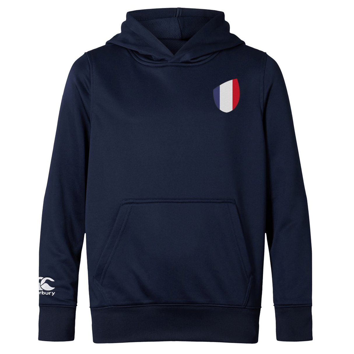 The EMB Canterbury France Shield Club Lightweight Hoodie in navy blue features a kangaroo pocket, a small chest shield design with France's blue, white, and red stripes, plus a sleeve logo. Ideal for rugby fans.