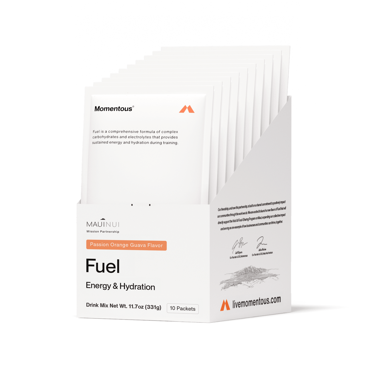 A white box labeled "Momentous Fuel 10-Travel Packs" holds 10 packets of Passion Orange Guava carb electrolyte formula for sustained energy and hydration during endurance exercise. The box features the Momentous brand and livemomentous.com.