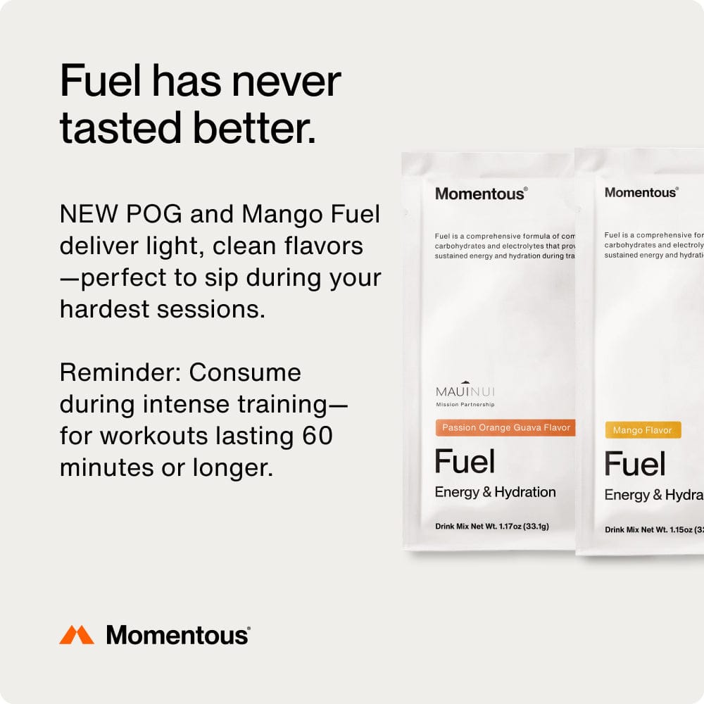 Two Momentous Fuel 10-Travel Packs in Passion Orange Guava and Mango, featuring a carb electrolyte formula for sustained energy during endurance exercise or intense workouts lasting 60+ minutes.