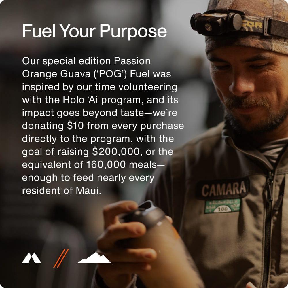 A person in outdoor gear holds a Momentous Fuel 10-Travel Pack. Text describes a Passion Orange Guava carb electrolyte formula supporting Maui residents’ meals via the Holo ‘Ai program’s fundraising campaign by Momentous.