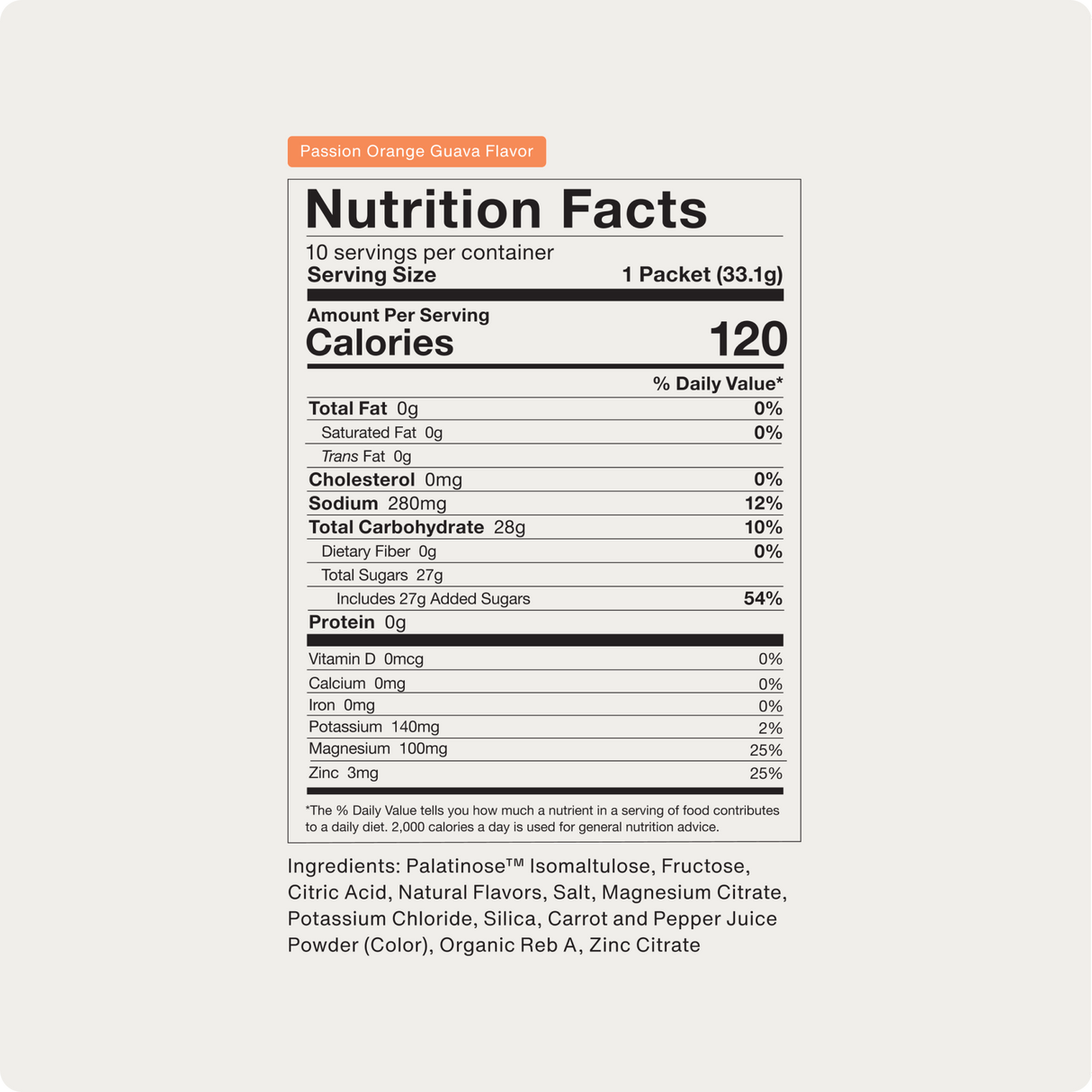 Nutrition facts label for Momentous Fuel 10-Travel Packs by Momentous, a carb-electrolyte drink mix providing sustained energy. Each serving contains 120 calories; 10 servings per box. Includes full ingredients and nutritional values—great for endurance workouts.