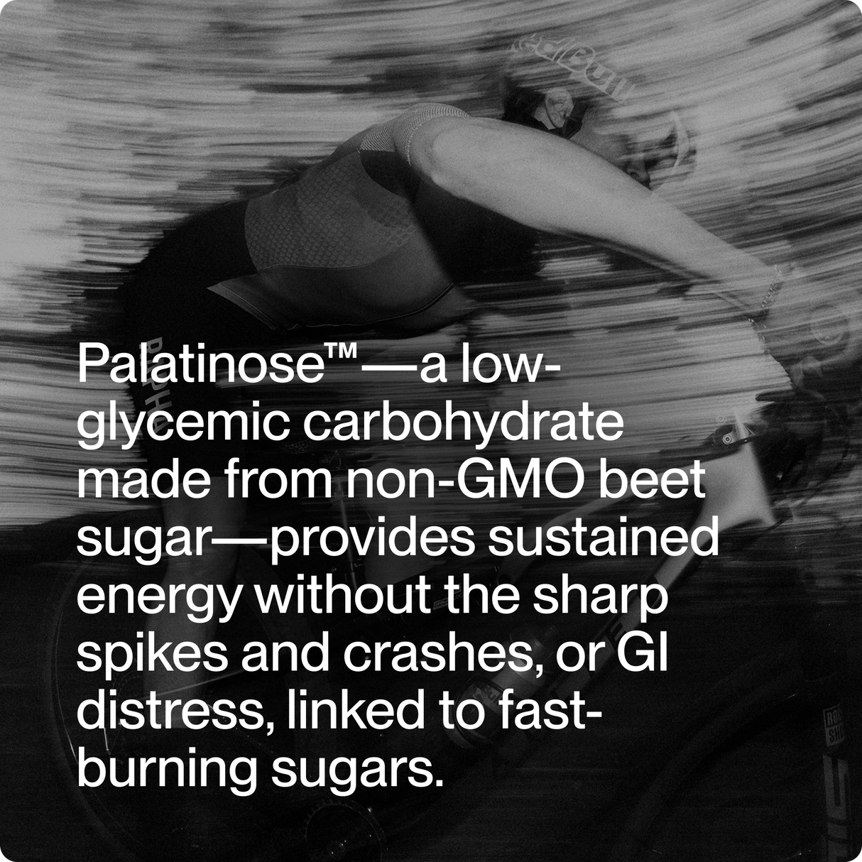 A cyclist with motion blur; text highlights Momentous Fuel 10-Travel Packs by Momentous, featuring Palatinose™, a low-glycemic carb from beet sugar for steady, long-lasting energy during endurance exercise without spikes or GI discomfort.