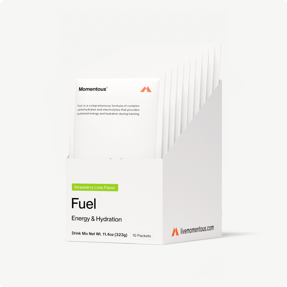 The Momentous Fuel 10-Travel Packs by Momentous includes 10 Strawberry Lime drink mix packets with a carb-electrolyte formula for endurance exercise. Total net weight: 11.4oz.