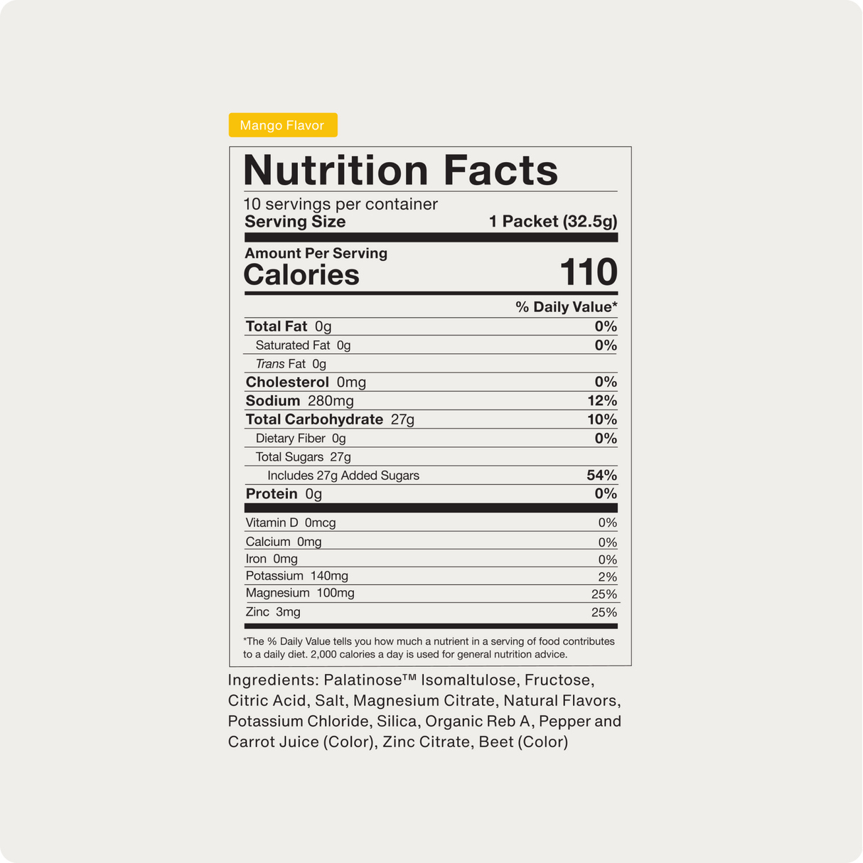 Momentous Fuel 10-Travel Packs by Momentous feature a mango flavor carb-electrolyte formula with 110 calories per serving; nutrition facts include fat, cholesterol, sodium, carbohydrates, protein, and vitamins—perfect for sustained endurance energy.