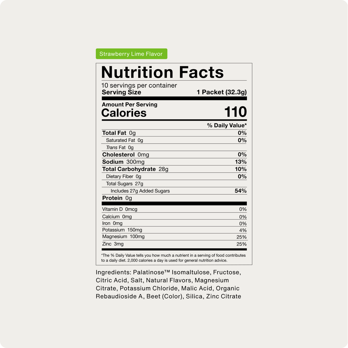 Nutrition facts label for Momentous Fuel 10-Travel Packs by Momentous, a strawberry lime carb electrolyte formula with 110 calories per serving—includes full ingredients and nutrition details, perfect for endurance and sustained energy.