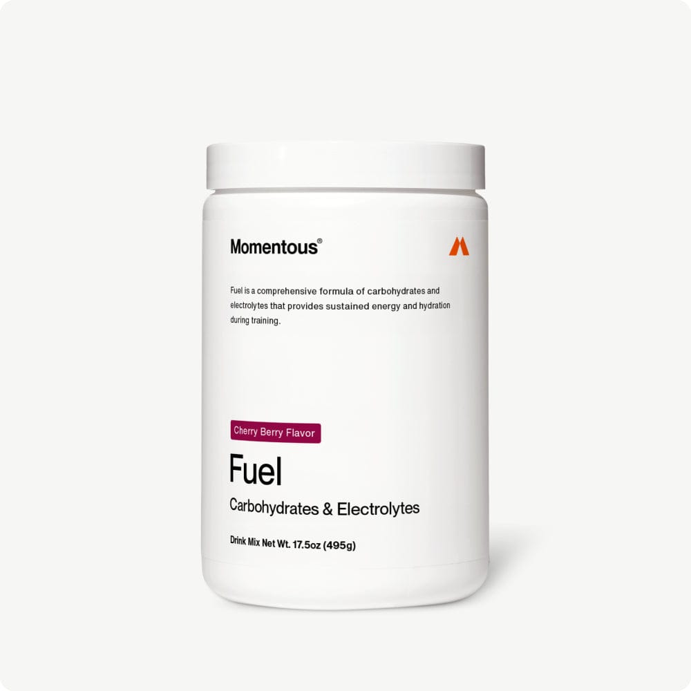 A 495g white container of Momentous Fuel Cherry Berry Flavor carb electrolyte formula by Momentous, featuring product details and branding, designed for sustained energy with clean ingredients.