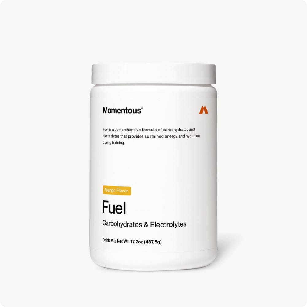 A white container of Momentous Fuel by Momentous in mango flavor, offering a clean carbohydrate and electrolyte formula for sustained energy and hydration during training.