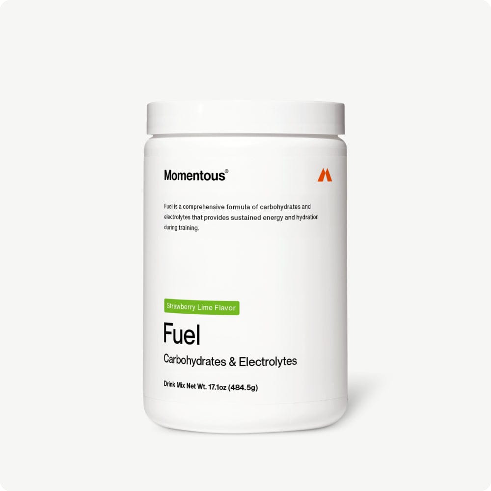 A white container labeled “Momentous Fuel” by Momentous in strawberry lime flavor, featuring a carbohydrate and electrolyte formula with clean ingredients for sustained energy and hydration during training.