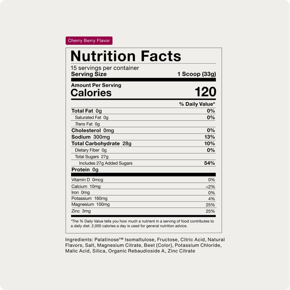 Nutrition facts label for Momentous Fuel by Momentous, cherry berry flavor powder—120 calories per 33g scoop, key nutrients listed, clean ingredients for sustained energy; ingredient list at bottom.