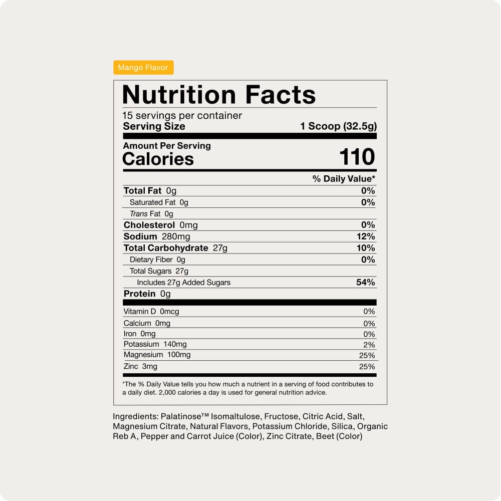 Momentous Fuel by Momentous is a mango-flavored carb electrolyte formula with 110 calories and 14g added sugars per 32.5g scoop. Each tub contains 15 servings and features a nutrition facts label highlighting nutrients and clean ingredients for sustained energy.