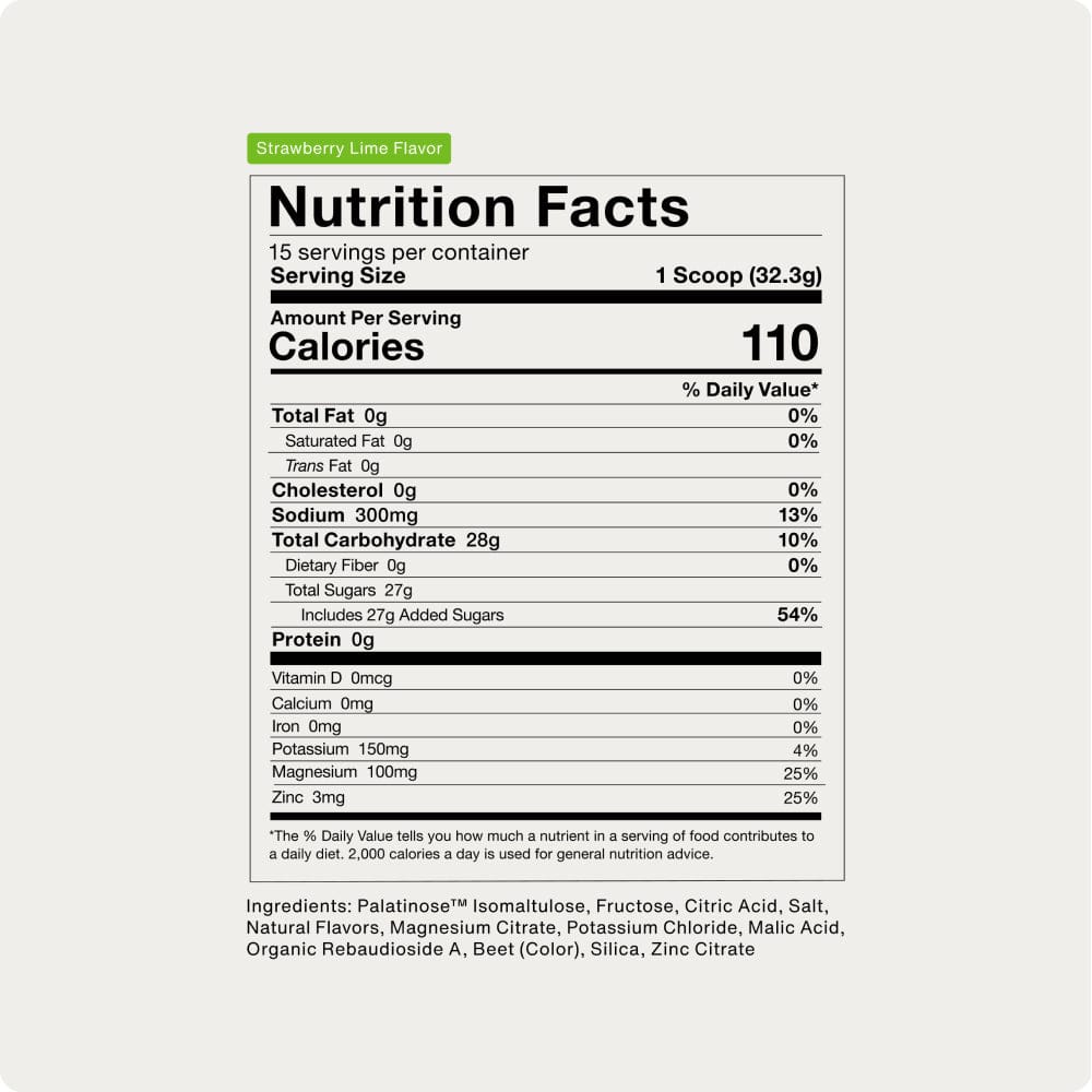 Nutrition Facts label for Momentous Fuel by Momentous, strawberry lime flavor. Each scoop has 110 calories and a carb-electrolyte formula for sustained energy. Full details on fat, cholesterol, carbs, sugars, protein, vitamins, and clean ingredients below.
