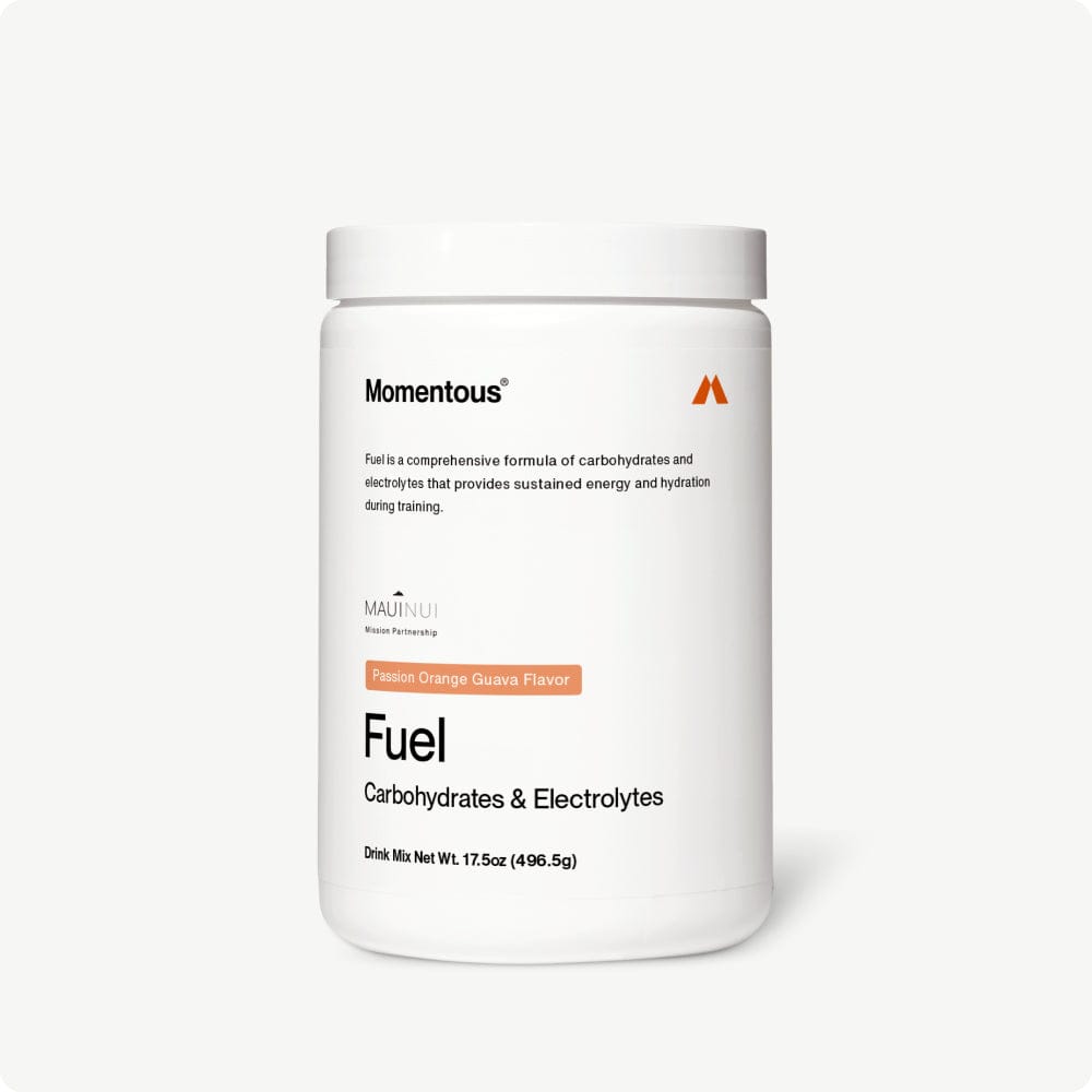 A white container of Momentous Fuel drink mix, Passion Orange Guava flavor, offers a carb electrolyte formula with clean ingredients for sustained energy, 17.5 oz (496.5 g), from Momentous.