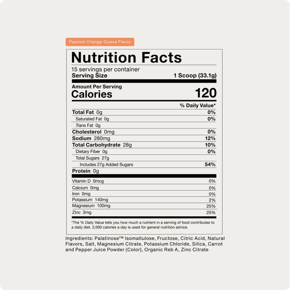 Momentous Fuel by Momentous is a passion orange guava powder supplement with 120 calories per serving, featuring a carb electrolyte formula and clean ingredients listed at the bottom of the nutrition facts label.
