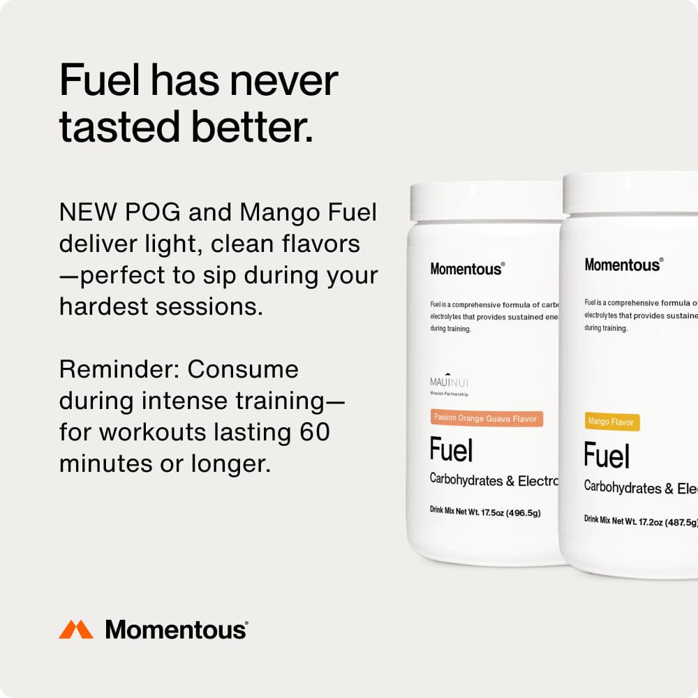 Two containers of Momentous Fuel by Momentous—Passion Orange Guava and Mango—offer a clean carb electrolyte blend for lasting energy during workouts over 60 minutes.