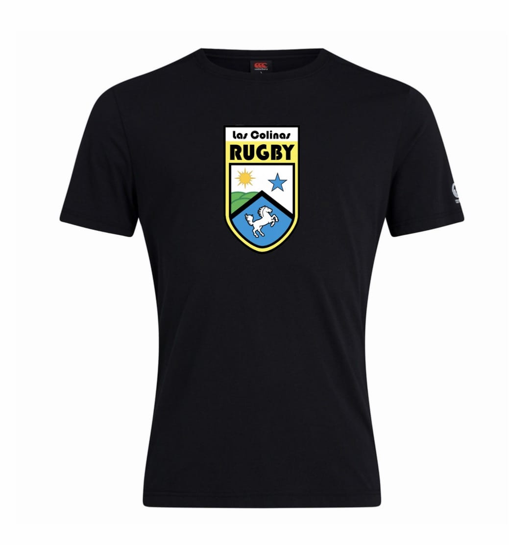 The WRS Canterbury Las Colinas Rugby Club Plain Tee is a black cotton blend tee with a front crest of stars and a white horse, inspired by the Canterbury Club Plain Tee.