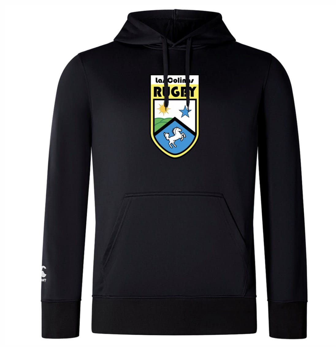 The Las Colinas Rugby Club Lightweight Hoodie by WRS Canterbury is a custom black hoodie with a large "Las Colinas Rugby" crest featuring stars and a horse on the chest, plus a small white logo on the left sleeve.