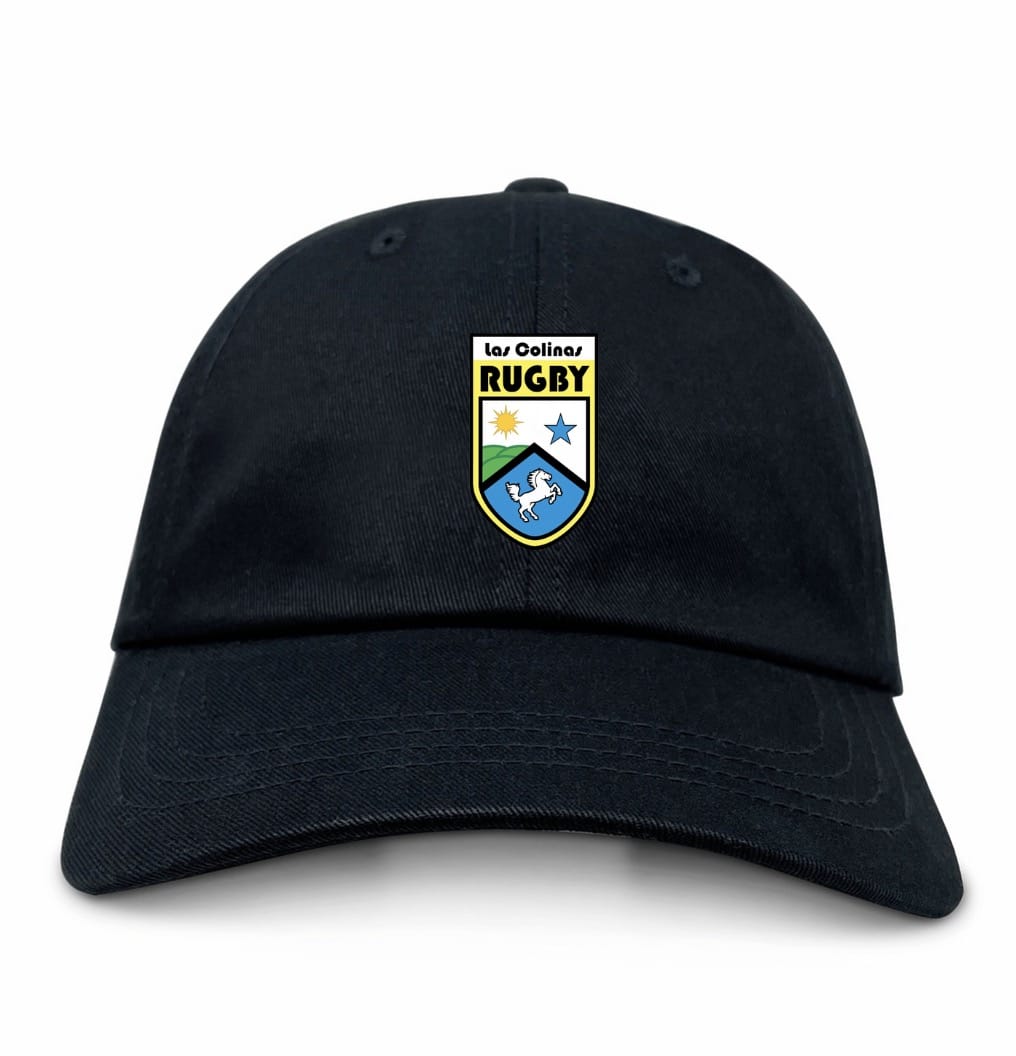 The Las Colinas Rugby Dad Cap by EMB S&S Activewear features a star, sun, and horse crest embroidered on black—your perfect casual hat to support the team.