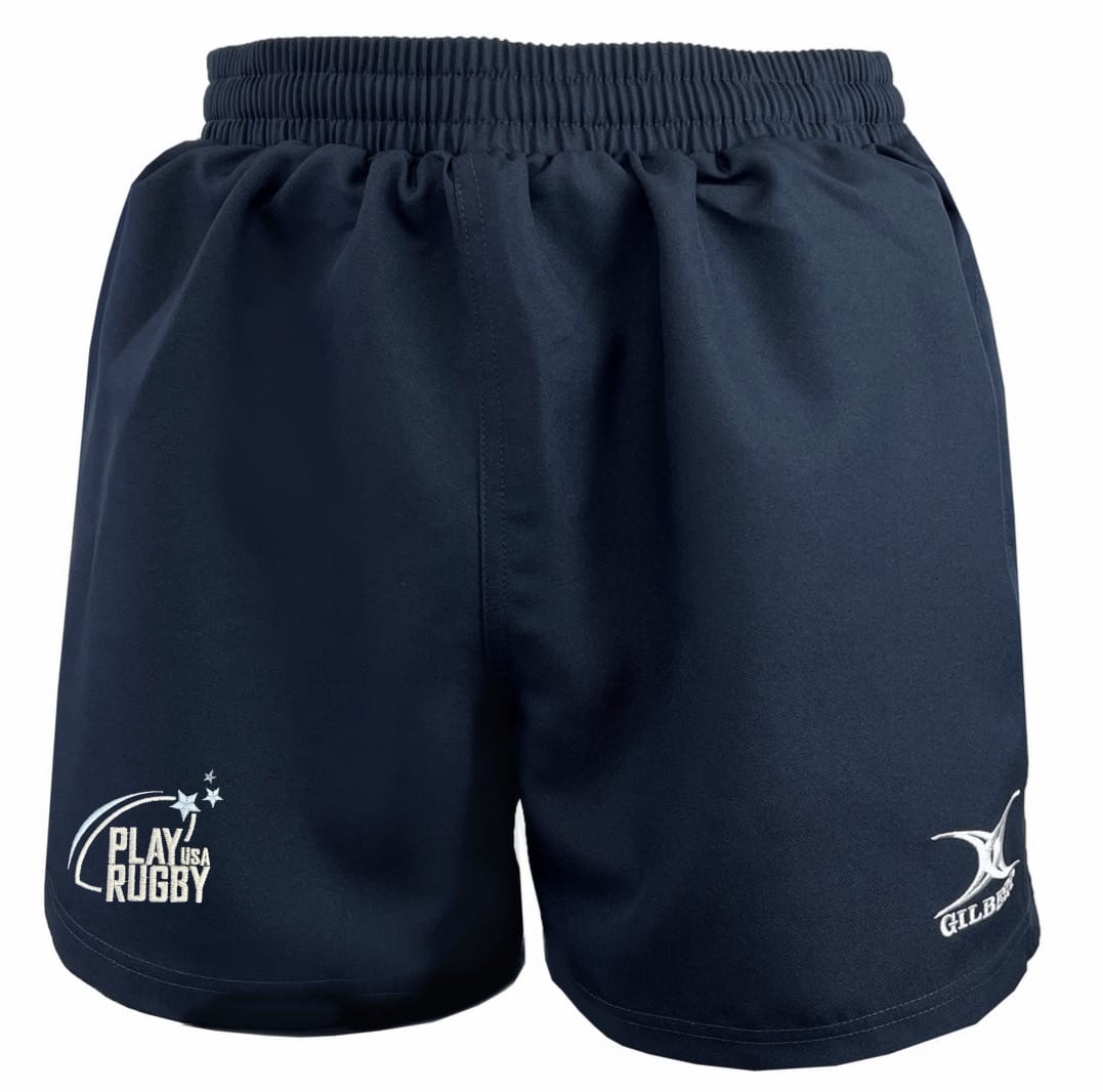 Play Rugby USA Saracen V3 Match Shorts by Gilbert in navy blue with an elastic waistband, featuring both "Play Rugby USA" and EMB Gilbert logos on the front.