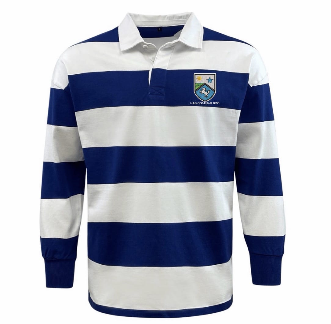 The EMB Mudoo Las Colinas Rugby Royal Classic Long Sleeve Hooped Jersey features blue and white stripes, a collar, long sleeves, and an embroidered left-chest crest—perfect for timeless leisure style.