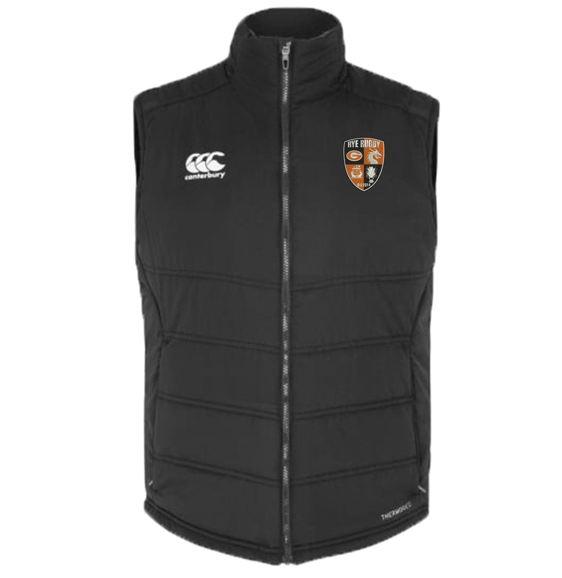 A Rye High Embroidered Canterbury Core Gilet with an orange crest on it.
