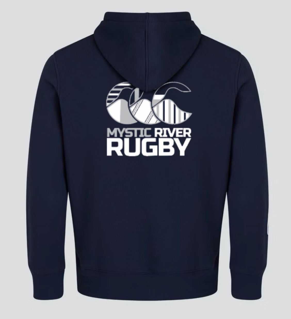 The Mystic River Club Hoodie by Canterbury from WRS Canterbury is a navy blue custom rugby hoodie featuring the "Mystic River Rugby" logo and a white abstract wave graphic on the back.