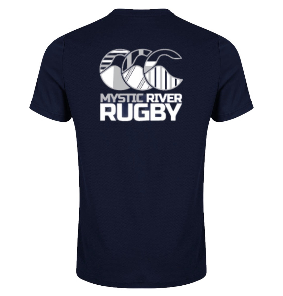The EMB Canterbury Mystic River Rugby Club Dry Tee is a navy blue, breathable shirt with a stylized wave and "Mystic River Rugby" in white on the back—designed for comfort and performance on or off the field.