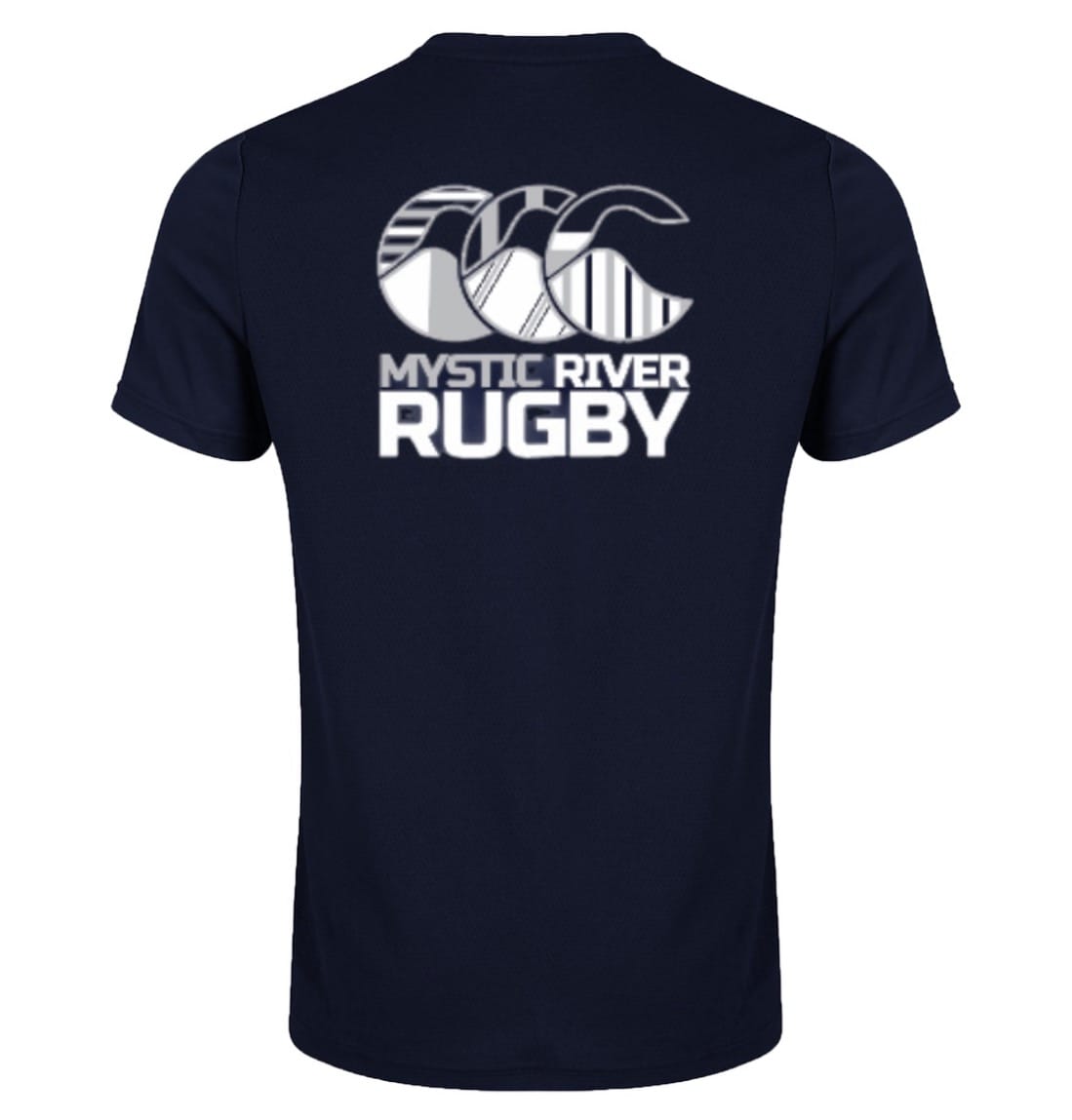 The EMB Canterbury Mystic River Rugby Club Dry Tee is a navy blue, breathable shirt with a stylized wave and "Mystic River Rugby" in white on the back—designed for comfort and performance on or off the field.