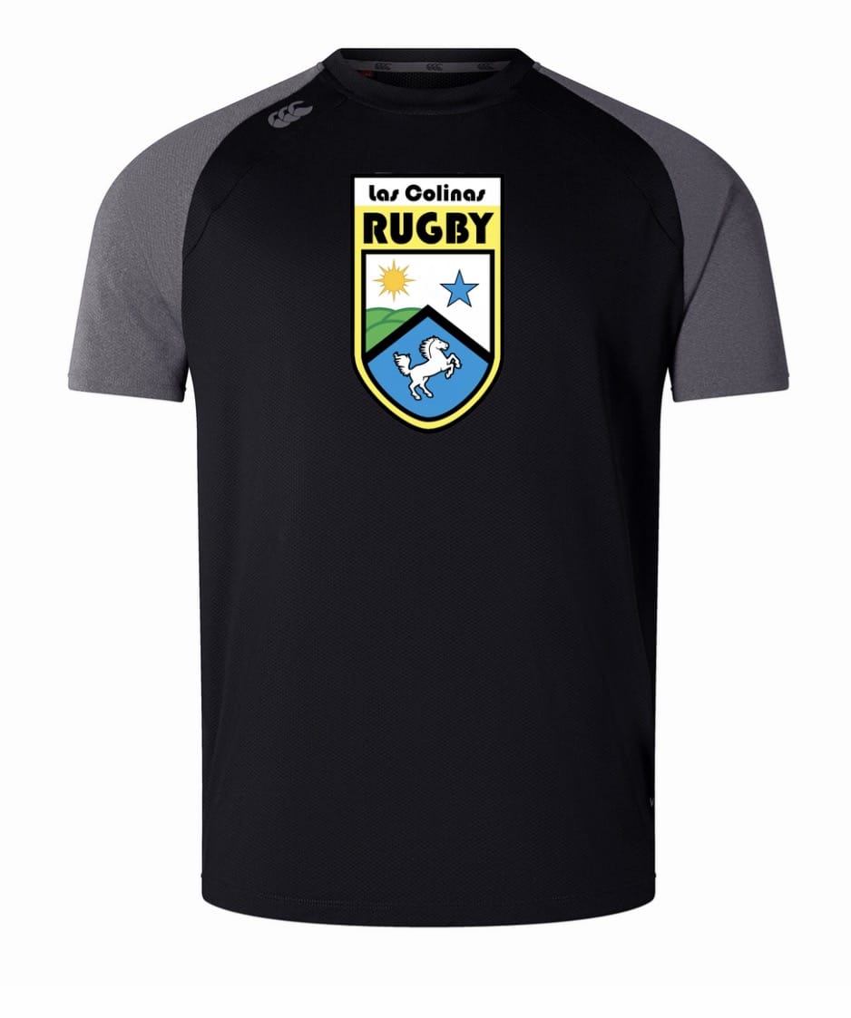 The Las Colinas Rugby Elite Training Tee by WRS Canterbury is a black and gray short-sleeve shirt with a "Las Colinas Rugby" crest, crafted from Vapodri fabrics for superior comfort during training.
