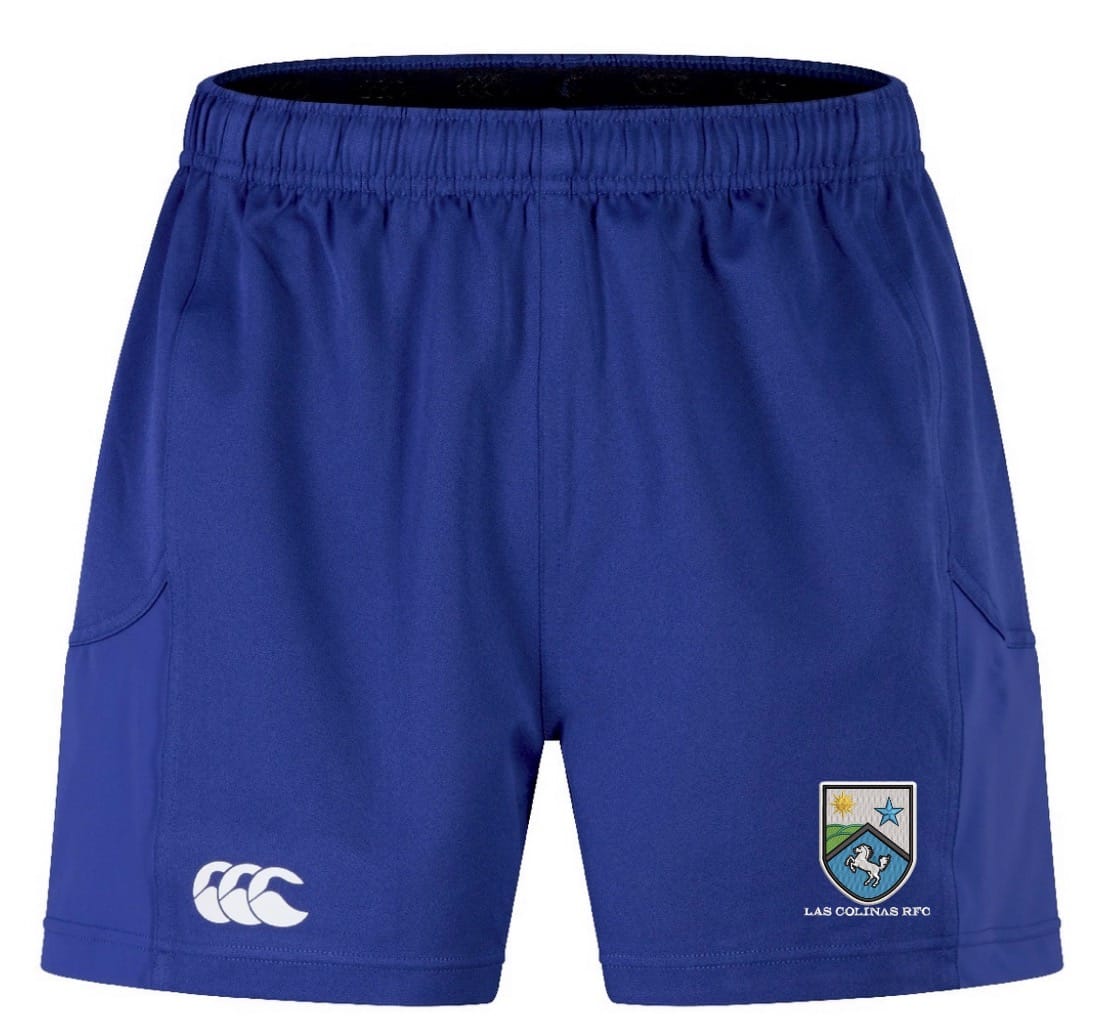 The Las Colinas Rugby Advantage Short 2.0 by EMB Canterbury features an elastic waistband, Canterbury logo on the left leg, and a Las Colinas RFC crest on the right leg.
