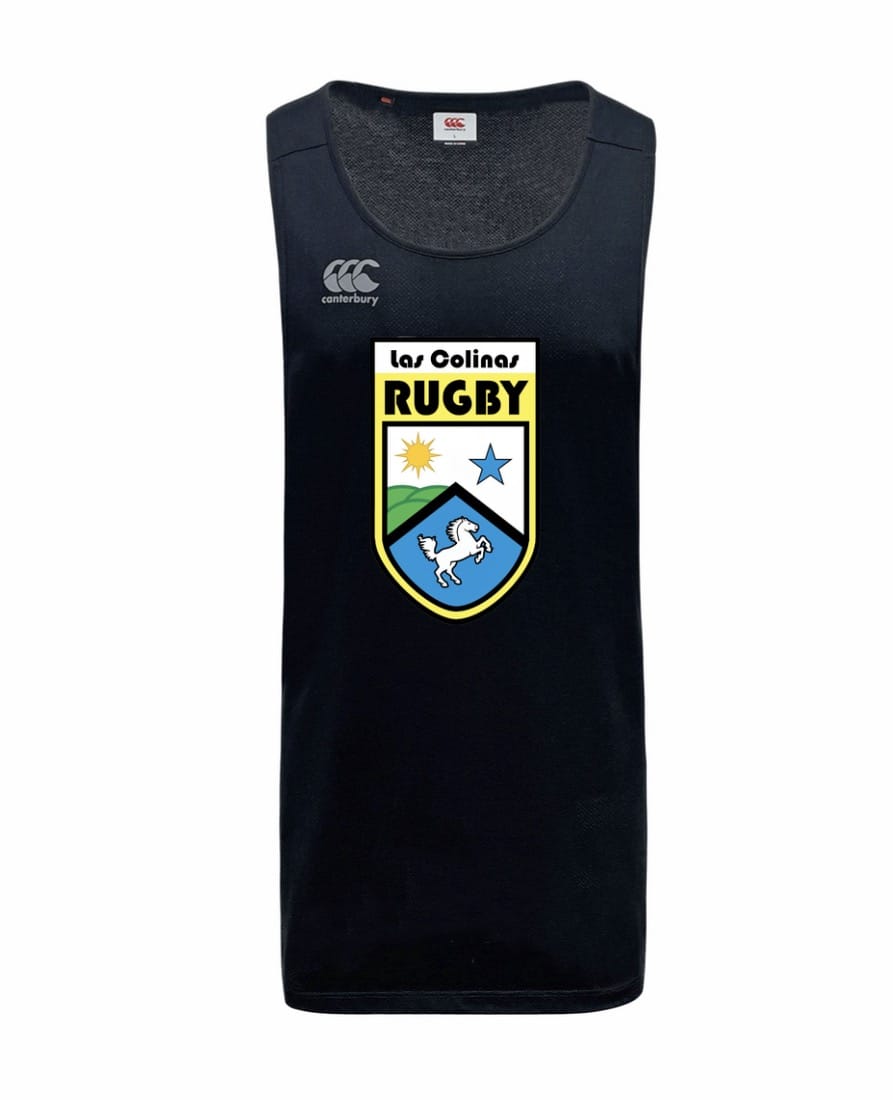 The WRS Canterbury Las Colinas Rugby Tempo Vapodri Singlet is a black rugby tank top featuring a large sun, star, and horse crest on the front. Its moisture-wicking fabric keeps you cool and comfortable.