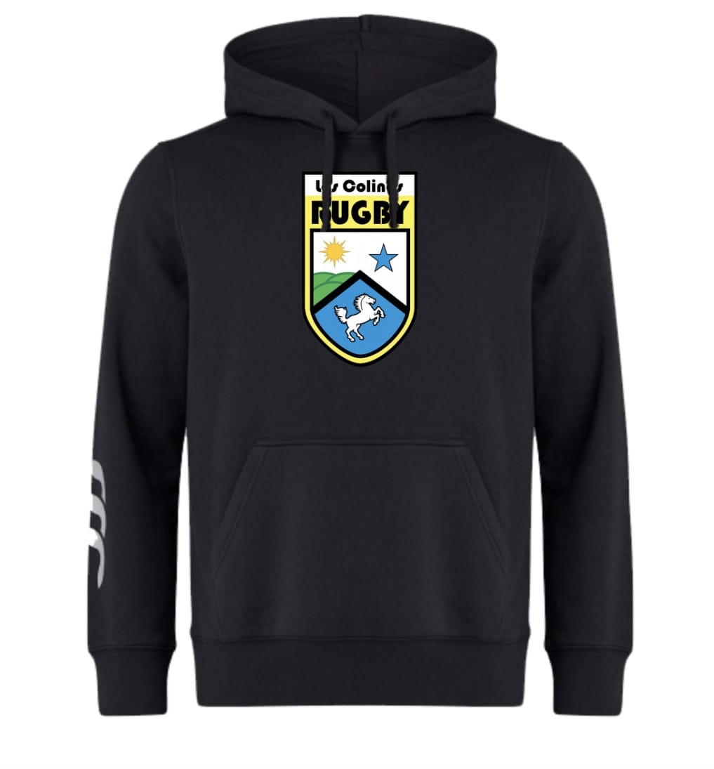The Las Colinas Rugby Club Hoodie by WRS Canterbury features a large chest badge with "Rugby," stars, a sun, hills, and a horse, plus white stripes on the right sleeve.