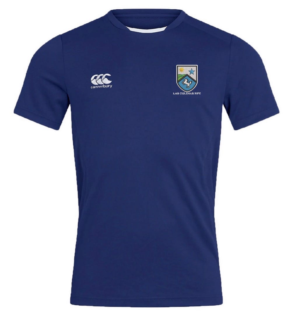 The Las Colinas Rugby Royal Club Dry Tee by EMB Canterbury is a royal blue short-sleeve shirt featuring Vapodri moisture management, with the Canterbury logo on the right chest and Las Colinas RFC club crest on the left.