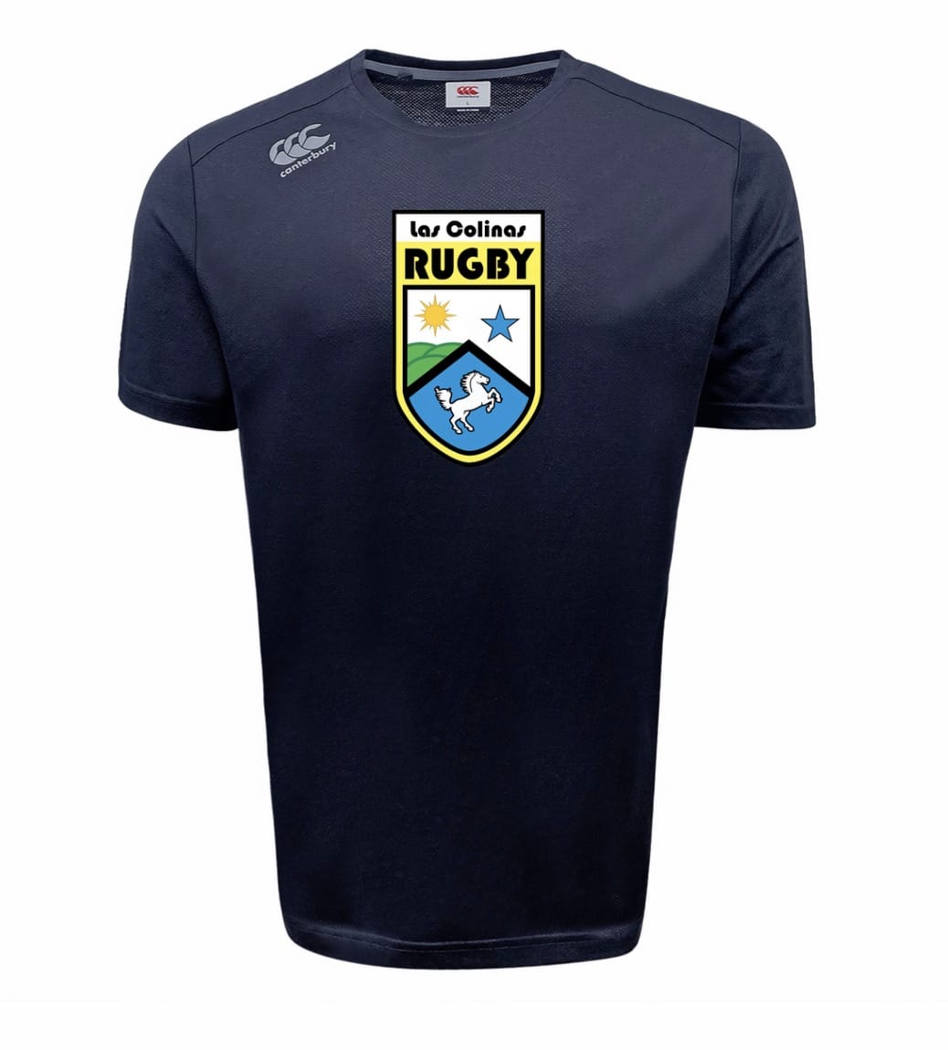 The Las Colinas Rugby Tempo Vapodri T-Shirt by WRS Canterbury features a sun, star, and two rugby players crest on navy blue—an athletic performance tee ideal for both fans and players.