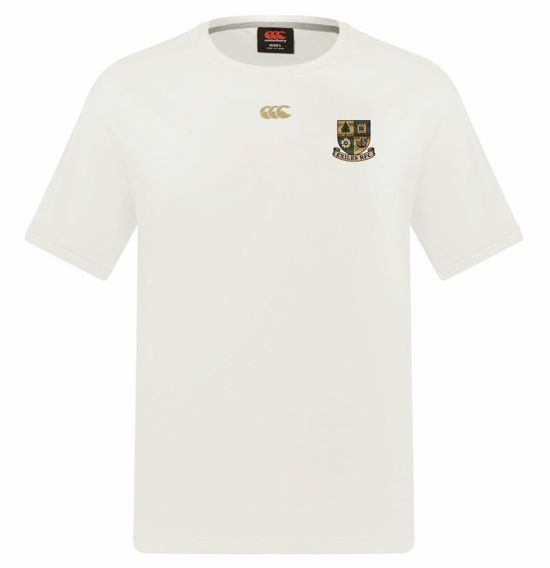 The Exiles Rugby Everest Dart Tech T-Shirt by EMB Canterbury features a small crest, gold logo, and round neck. Made from quick-drying, breathable fabric, it’s perfect for workout comfort.