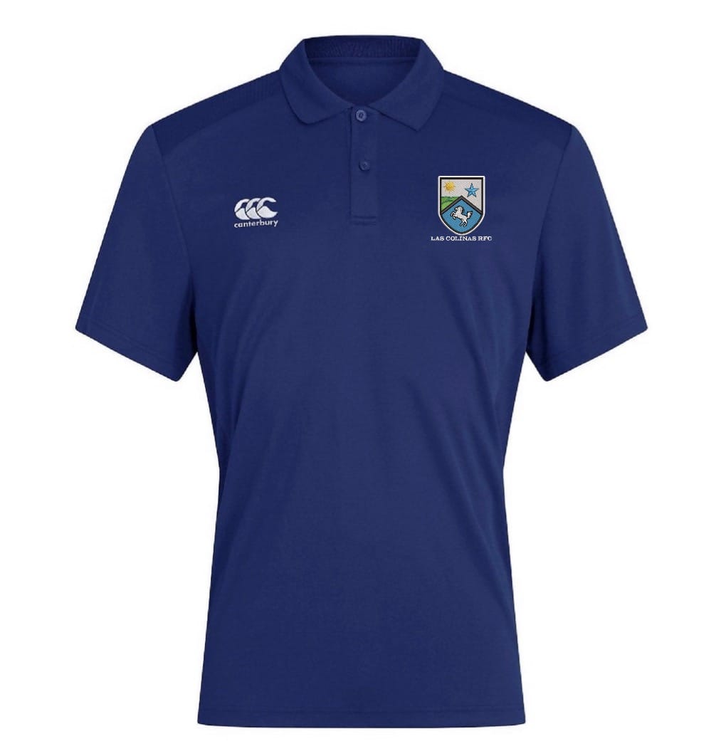 The Las Colinas Rugby Royal Club Dry Polo by EMB Canterbury is a royal blue short-sleeve polo with a collar, Vapodri technology, a white Canterbury logo on the right chest, and a sports team crest on the left.