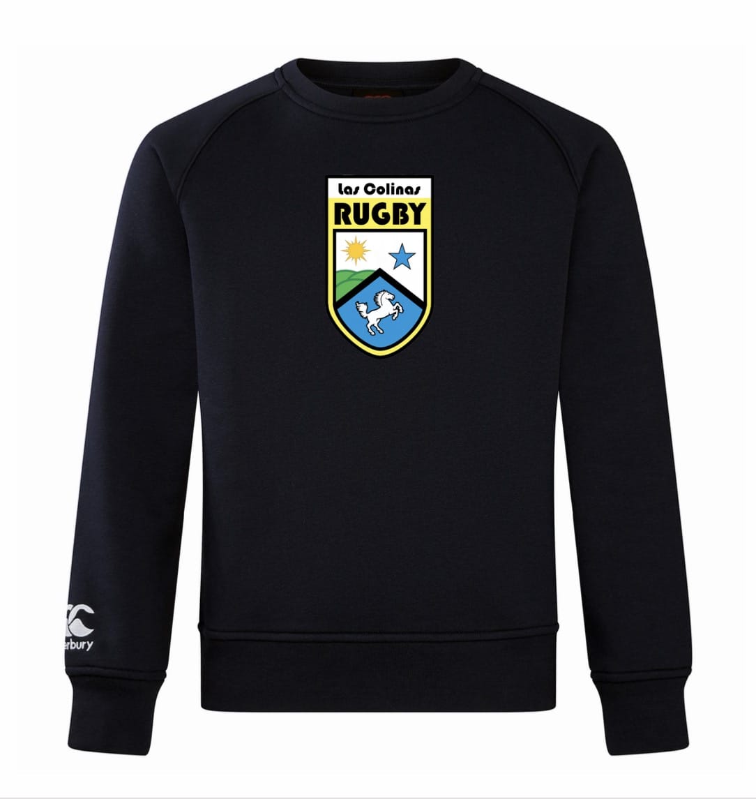 The Las Colinas Rugby Club Crew by Canterbury, from WRS Canterbury, is a black sweatshirt featuring the "Las Colinas Rugby" crest on the chest, signature Club Crew style, and an embroidered CCC logo on the left sleeve.