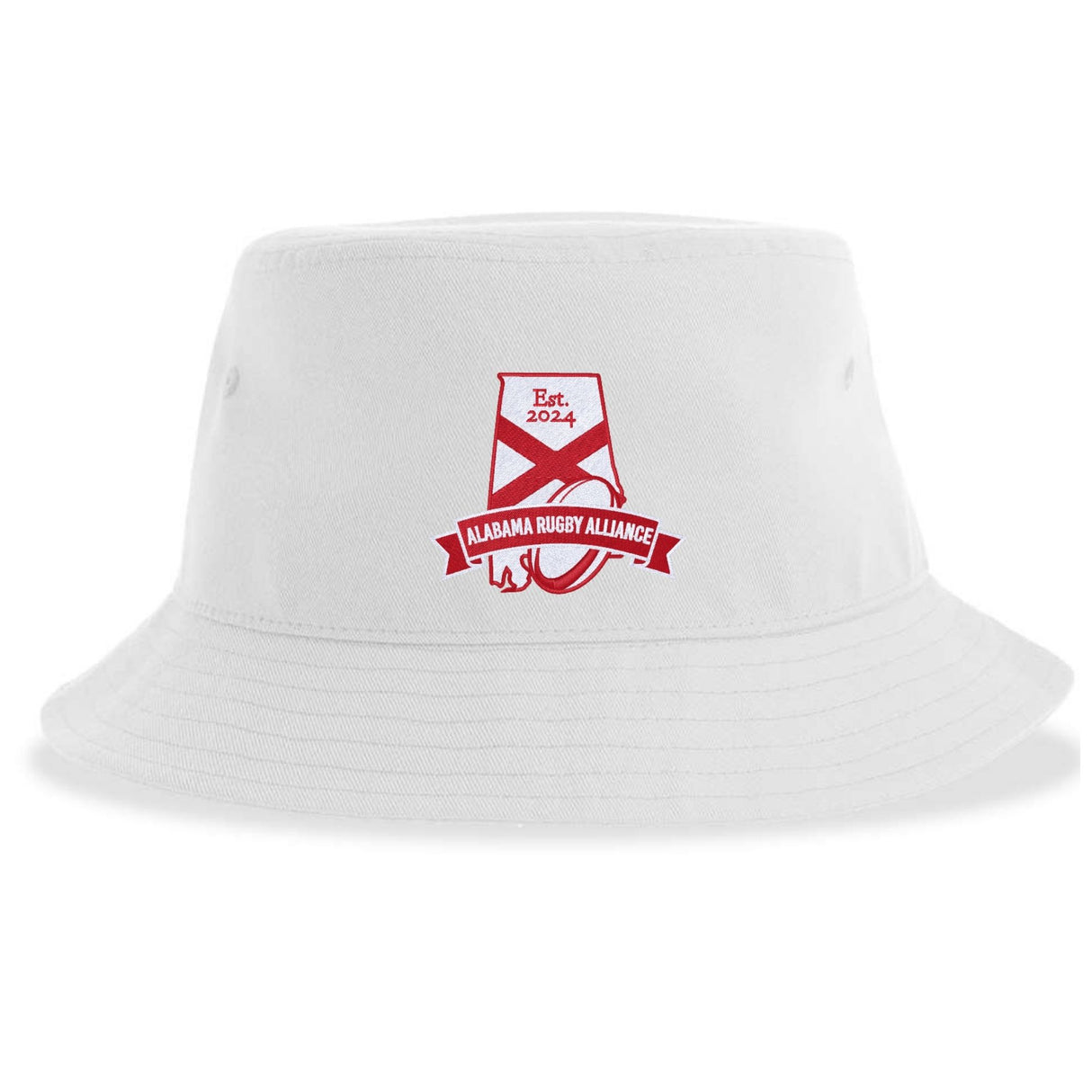 The Alabama Rugby Alliance Sustainable Bucket Hat by EMB S&S Activewear features a white design with a red Alabama Rugby Alliance logo—including a rugby ball, U.S. state outline, ribbon, and “Est. 2024” text—embroidered on the front. Made from recycled polyester, this eco-friendly bucket hat blends team spirit with sustainable style.