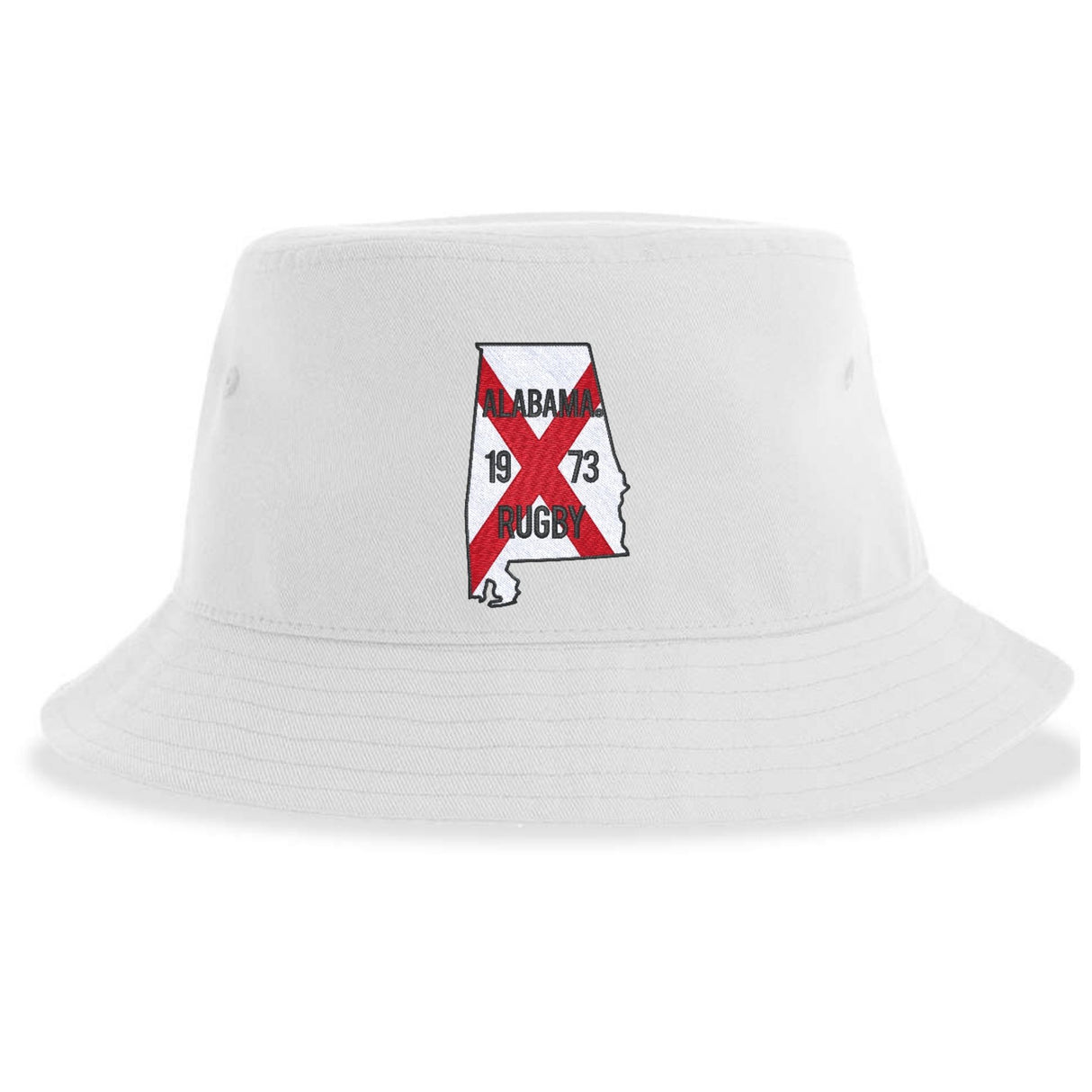The University of Alabama Rugby Sustainable Bucket Hat by EMB S&S Activewear is a white, eco-friendly hat made from recycled polyester. It features a graphic of Alabama’s outline with a red X, the words "Alabama Rugby," and the year "1973" printed on the front, blending sustainable comfort with bold team style.