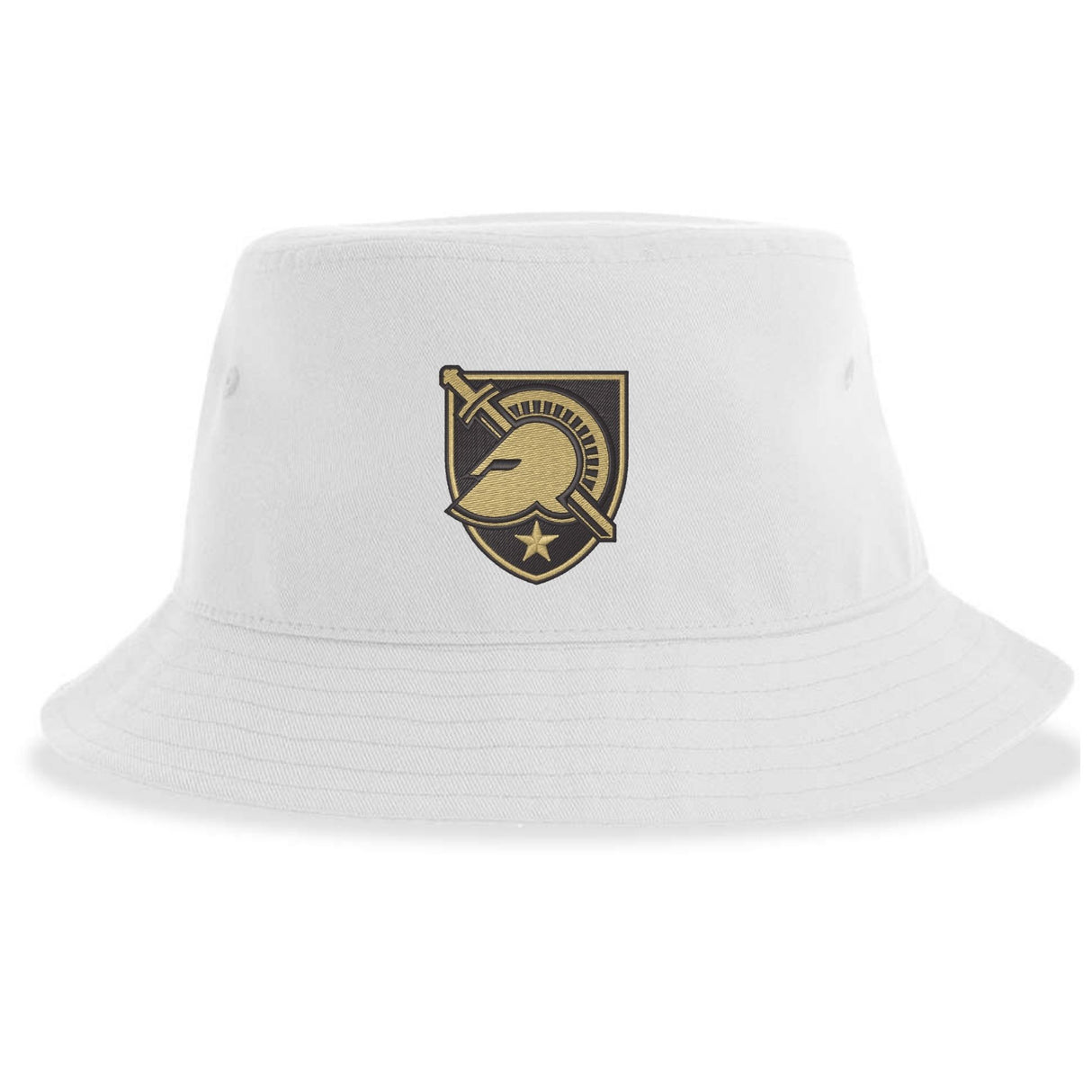 EMB S&S Activewear's West Point Rugby Sustainable Bucket Hat is made from recycled polyester for an eco-friendly choice. This stylish white bucket hat features a gold and black logo—showcasing a helmet, sword, and star—embroidered at the front center.