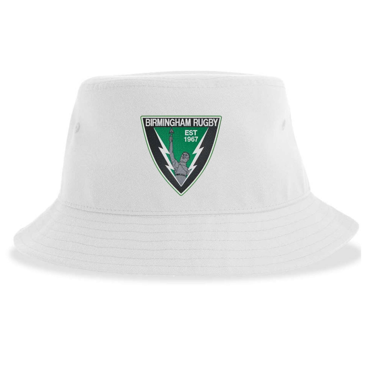 The Birmingham Vulcans Rugby Sustainable Bucket Hat by EMB S&S Activewear is a white bucket hat crafted from recycled polyester. It features a Birmingham Rugby patch with green and black accents, a rugby ball, and the text "EST 1967" on the front—proudly representing Birmingham Vulcans Rugby.