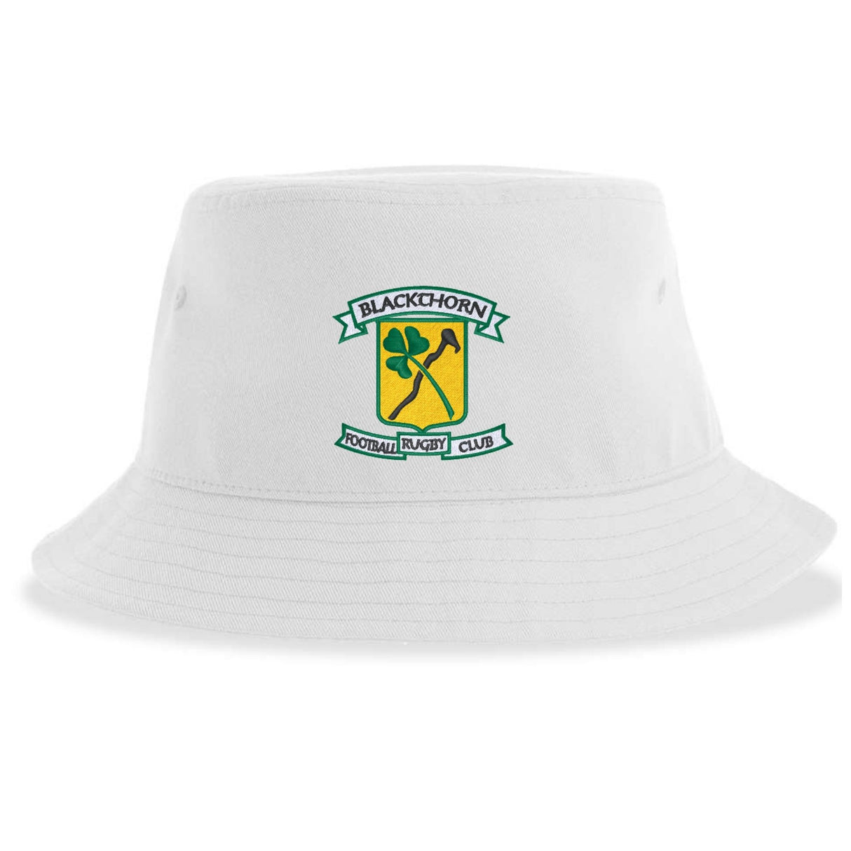 The Blackthorn Rugby Sustainable Bucket Hat by EMB S&S Activewear is a white bucket hat featuring the Blackthorn Football Rugby Club crest, which showcases a green shamrock and a blackthorn branch in yellow and green.